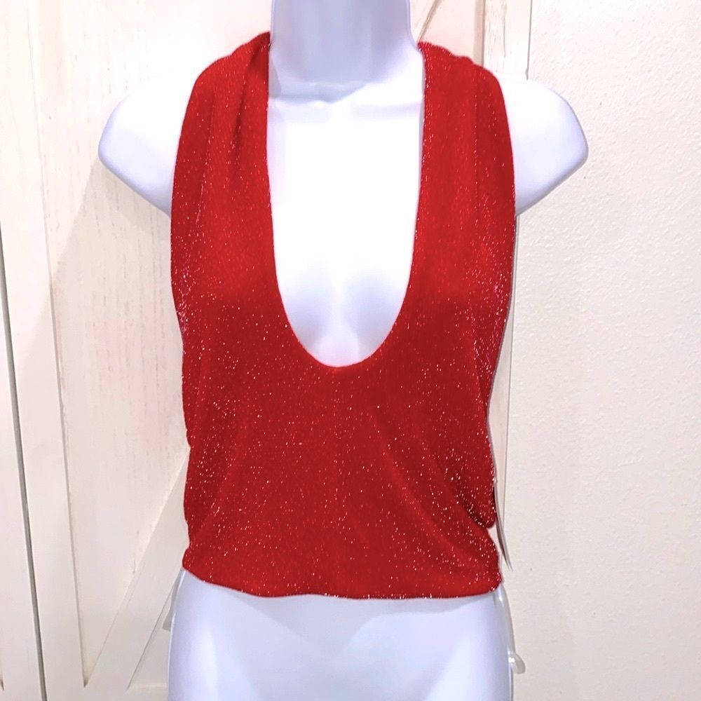 Bar lll Holiday Party Cherry On Top Red With Metallic Silver Stitch Halter Top
